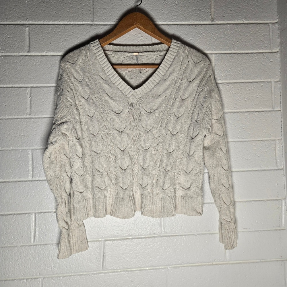 Free People Womens Sweater Washed Cable Knit Oversize Cotton Blend Cream Boho S